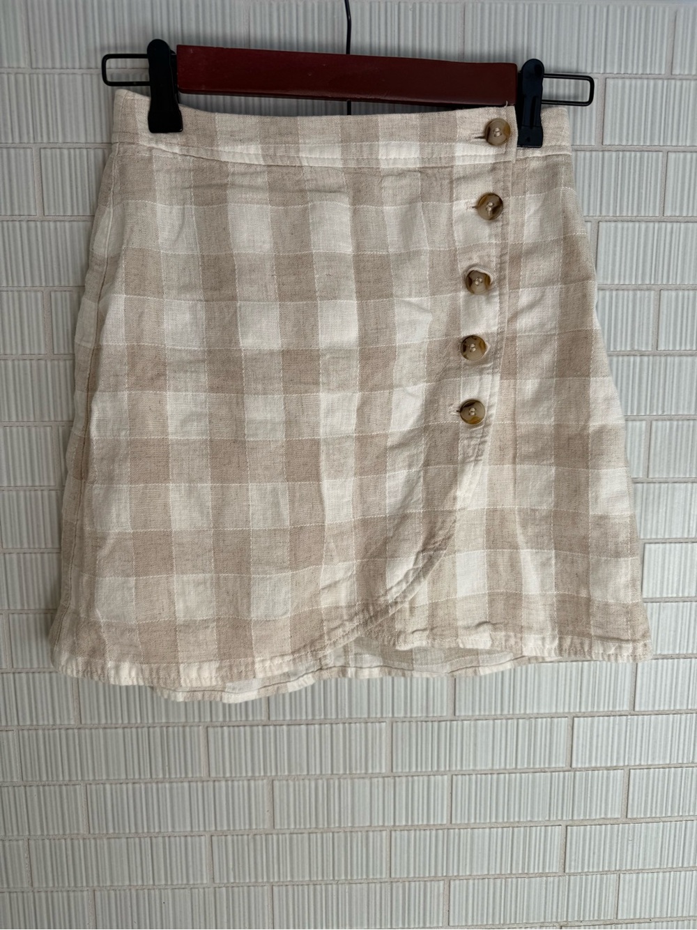 Madewell Beige and Cream Gingham Button Mini Skirt